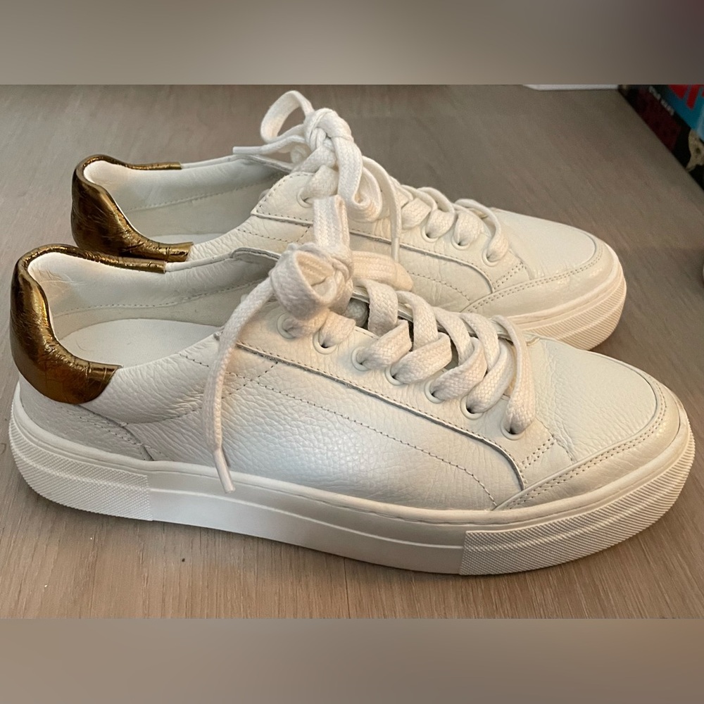 Massimo Dutti White Leather Casual Sneakers with Gold Detail, Size 38